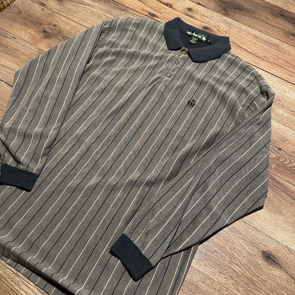 Vintage Knights of Round Table Grey Striped Long Sleeve Polo Men XL